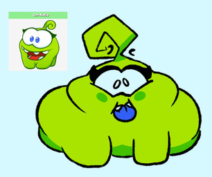 belly big_belly black_eyebrows black_eyes blue_background blue_eyes blue_pupils blue_sclera blueberry_(fruit) cheek_spots chubby_cheeks conjoined_eyes eyebrows eyelashes featureless_legs female feral floating_eyebrows food food_in_mouth fruit green_body green_skin noseless obese obese_female obese_feral open_mouth open_smile overweight overweight_female overweight_feral plant pupils red_tongue sharp_teeth simple_background smile solo teeth text thick_eyelashes tongue worried_look octoguy cut_the_rope om_nelle nommie 2022 cel_shading character_name colored digital_drawing_(artwork) digital_media_(artwork) english_description reference_image shaded