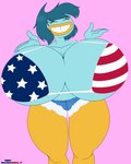 american_flag anthro big_breasts blue_body blue_feathers blue_hair bottomwear bra breasts clothed clothing cutoffs denim denim_bottomwear denim_clothing feathers female hair huge_breasts hyper hyper_breasts non-mammal_breasts shorts simple_background solo underwear united_states_of_america sbshouseofpancakes skullman777 harvey_beaks nickelodeon miriam_beaks avian bird 2021 absurd_res collaboration colored digital_media_(artwork) hi_res