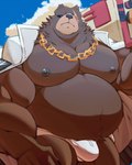 anthro belly biceps black_sclera brown_body brown_fur bulge chain_necklace clothing eye_scar facial_scar fur holding_object holding_weapon jacket jewelry male moobs necklace nipples overweight overweight_male scar sky solo topwear weapon zhangkuu mihoyo zenless_zone_zero ben_bigger bear mammal 2023 hi_res