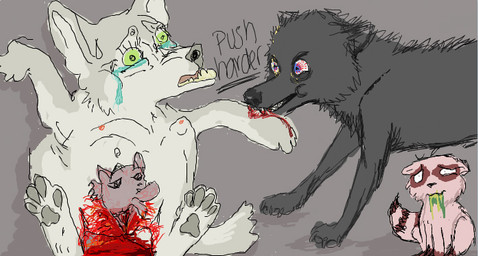 ambiguous_gender birth bite blood bodily_fluids female feral genitals gore group hell pregnant pregnant_female quadruped tail tears vomit vomiting vulva young young_feral unknown_artist canid canine canis mammal procyonid raccoon wolf grandfathered_content