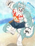 abs anthro beach bottomwear bulge clothing male muscular muscular_anthro muscular_male nipples outside pawpads pecs seaside shorts solo swimwear tattoo redmistwolf1 asian_mythology east_asian_mythology japanese_mythology lifewonders mythology tokyo_afterschool_summoners oguchi_magami_(tas) canid canine canis mammal wolf hi_res