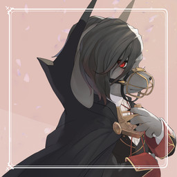 anthro biped black_clothing black_hair blush border cape claws clothed clothing floppy_ears fully_clothed fur grey_body grey_fur hair looking_at_viewer male muzzle_(object) muzzled red_eyes side_view solo suit brsk_a caravan_stories gargogo_silverfang canid canine gessy mammal vampire 1:1 2022 digital_media_(artwork) half-length_portrait portrait
