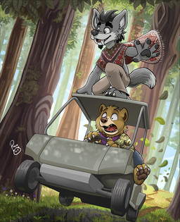 anthro big_fangs black_hair black_pawpads brown_body brown_eyes brown_fur brown_pawpads clothed clothing driving duo fangs front_view fur glistening glistening_eyes golf_cart grass grey_body grey_fur hair head_tuft kerchief kneeling logo male male_anthro neckerchief neckwear open_mouth open_smile pawpads plant purple_kerchief purple_neckerchief red_tongue short_hair sitting smile teeth tongue tree tuft white_body white_fur pandapaco bear canid canine mammal artist_logo signature