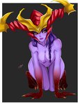 all_fours areola armor bent_over blush breasts claws female genitals grey_background hair headgear helmet lips long_hair looking_aside mostly_nude nipples nude purple_body purple_hair purple_lips purple_skin pussy scales simple_background solo wide_hips yellow_eyes tutifruti_(artist) league_of_legends mythology riot_games tencent shyvana animal_humanoid dragon dragon_humanoid humanoid mythological_creature mythological_scalie scalie absurd_res hi_res