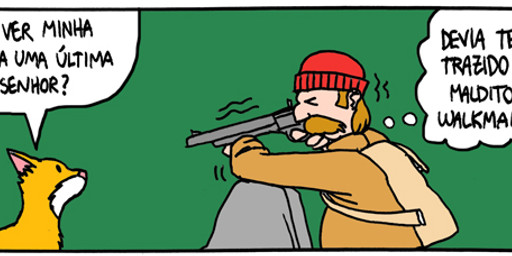 ambiguous_gender backpack duo facial_hair feral gun humor hunter male mustache ranged_weapon rifle simple_background text weapon unknown_artist canid canine fox human mammal comic portuguese_text translated