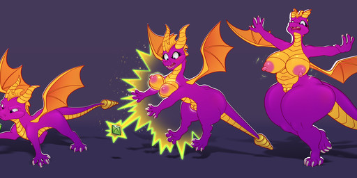 anthro breast_growth breasts claws crossgender female feral feral_to_anthro gender_transformation genitals growth horn mtf_crossgender mtf_transformation nipples nude open_mouth purple_body purple_eyes purple_scales scales solo standing tail thick_thighs three_frame_sequence transformation transformation_sequence transformation_through_magic vulva wide_hips wings yellow_body yellow_scales sjevi activision mythology spyro_the_dragon spyro dragon mythological_creature mythological_scalie scalie 2025 digital_drawing_(artwork) digital_media_(artwork) hi_res sequence