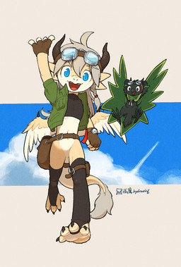 4_ears 4_fingers 4_toes ambiguous_gender anthro beak belt_pouch black_body black_clothing black_crop_top black_feathers black_shirt black_topwear blue_eyes chibi claws clock clothing cloud crop_top day duo eyewear fangs feathered_wings feathers feet finger_claws fingerless_gloves fingers footwear gloves goggles green_clothing green_jacket green_topwear grey_hair hair hand_above_head handwear horn jacket kemono long_tail looking_at_viewer multi_ear open_mouth pupils semi-anthro shirt sky slit_pupils socks spikes spikes_(anatomy) tail tail_feathers tail_tuft talons teeth toe_claws toeless_footwear toeless_socks toes topwear tuft watch wing_spikes wings wristwatch yellow_body yellow_feathers hydrowing mythology bai_ling mo_hui avian bird corvid corvus_(genus) dragon dragonewt mythological_creature mythological_scalie oscine passerine raven scalie hi_res shaded signature
