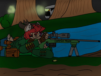 anthro antlers big_breasts breasts brutus_airsoft dyed_mane female forest_background gun horn jess_banner lying on_front ranged_weapon rifle sniper tactical weapon deer mammal 4:3