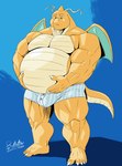 5_fingers 5_toes anthro bulge clothed clothing feet fingers holding_belly horn male musclegut muscular muscular_anthro muscular_male overweight overweight_anthro overweight_male pecs plantigrade solo toes topless underwear wings deadanthro nintendo pokemon pat_(deadanthro) dragonite generation_1_pokemon pokemon_(species) hi_res