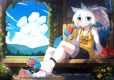4_toes 5_fingers ambiguous_gender anthro barefoot blue_eyes chest_tuft claws clothed clothing curling_toes day detailed_background eating feet fingers food fruit fur hair looking_at_viewer melon outside pawpads paws pink_pawpads plant plantigrade ponytail soles solo spread_toes toe_claws toes tuft water watermelon white_body white_fur penguinexperience aiden_(penguinexperience) mammal