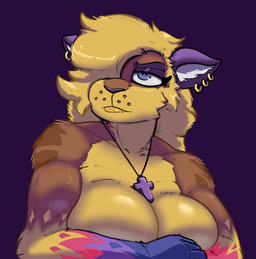 anthro arm_tuft black_eyebrows blonde_hair blue_body blue_eyes blue_fur breasts brown_body brown_fur clothed clothing cross cross_necklace crossed_arms ear_piercing ear_ring eyebrows eyelashes eyeshadow female freckles fur fur_tuft glistening glistening_breasts glistening_eyelids glistening_eyes glistening_hair hair hair_over_eye head_tilt inner_ear_fluff jewelry jewelry_only looking_aside makeup multicolored_body multicolored_fur necklace necklace_only nude one_eye_obstructed piercing purple_background purple_body purple_eyeshadow purple_fur purple_nose red_body red_fur ring_piercing shoulder_tuft simple_background solo topless topless_anthro topless_female tuft yellow_body yellow_fur stupidgnoll olivia_(hyenabutters) felid mammal 2022 digital_media_(artwork) hi_res