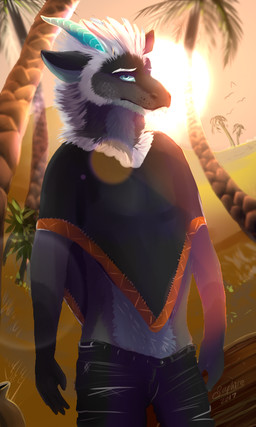 anthro blue_eyes day fur horn male outside sky solo standing sun tail saphireshear mythology dragon furred_dragon furred_scalie mythological_creature mythological_scalie scalie 2017 3:5 digital_media_(artwork)
