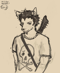 anthro black_hair clothing dialogue ears_up electric_guitar guitar hair half-closed_eyes horn looking_at_another looking_at_viewer male male/male musical_instrument narrowed_eyes plucked_string_instrument shirt skull_symbol solo string_instrument text topwear reynard_goodfellow reynard_the_baa tom_(reynard_goodfellow) bovid canid canine canis caprine mammal sheep wolf hi_res monochrome