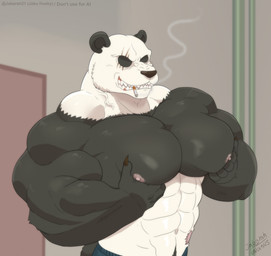 abs anthro barazoku biceps big_muscles black_body bottomwear cigarette claws clothed clothing grin male muscular muscular_anthro muscular_arms muscular_male navel neck_muscles nipples pants pec_grab pecs scar smile smoking smoking_cigarette solo teeth topless trapezius triceps vein white_body jabuhusky beastars gouhin_(beastars) bear giant_panda mammal 2025 hi_res signature