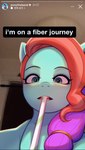 blue_body blue_eyes caption drinking_straw earth_pony english_text equid equine female feral gradient_hair hair hasbro hi_res horse jazz_hooves_(mlp) mammal marenlicious meme mlp_g5 my_little_pony orange_hair pink_hair pony selfie solo straw_in_mouth text