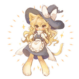 :< alternative_fashion anthro apron blonde_hair blush brown_eyes cat_tail clothing dress female fur goth gothic_lolita hair hat hat_bow headgear headwear j-fashion lolita_(fashion) long_hair looking_at_viewer magic_user paws raised_paw short_dress simple_background solo witch witch_hat yellow_body yellow_fur 80scdm touhou marisa_kirisame canid canine mammal 1:1 hi_res