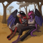 4_toes anthro armor black_hair bottomwear bracers breasts cleavage clothed clothing detailed_background digitigrade dress duo feathered_wings feathers feet female female/female fur hair hindpaw horn outside pants pawpads paws plant purple_body purple_skin red_body red_skin romantic romantic_couple savanna scenery shirt sitting tail tank_top toes topwear tree wings wood thekyleishere walnut225 mythology romanthony aria_(walnut225) ruby_doulton canid canine canis dragon mammal mythological_creature mythological_scalie scalie wolf 1:1 2012