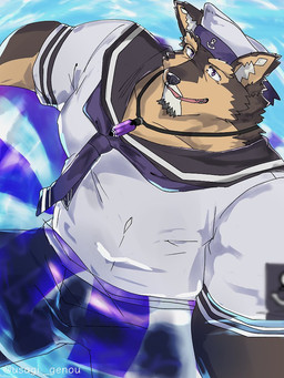 anthro clothing countershading crystal fur hat headgear headwear inflatable jewelry male multicolored_body multicolored_fur muscular muscular_anthro muscular_male necklace pool_float sailor_cap sailor_uniform solo two_tone_body two_tone_fur water usagi_genou lifewonders live_a_hero pubraseer canid canine canis domestic_dog mammal 3:4