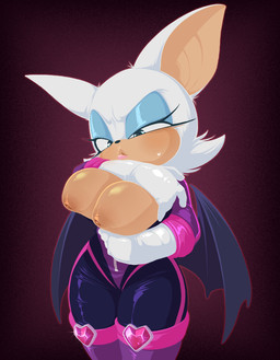 5_fingers anthro areola big_breasts black_nose black_wings blue_eyeshadow bodily_fluids breasts brown_areola brown_breasts brown_nipples clothed clothed_anthro clothed_female clothing curvy_figure exposed_breasts eyelashes eyeshadow female female_anthro fingers fur glistening glistening_areola glistening_breasts gloves handwear inverted_nipples lips looking_at_breasts looking_at_own_breasts looking_at_self looking_down looking_down_at_breasts makeup membrane_(anatomy) membranous_wings narrowed_eyes nipples pink_lips solo sweat tan_inner_ear white_body white_clothing white_ears white_fur white_gloves white_handwear white_sclera wings suragugu sega sonic_the_hedgehog_(series) rouge_the_bat bat mammal 2022 digital_media_(artwork)