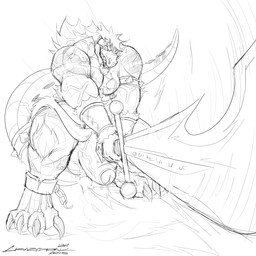 action_pose anthro balls barazoku bared_teeth big_balls big_penis erection eyebrow_piercing facial_piercing foreskin front_view genitals holding_melee_weapon holding_object holding_sword holding_weapon humanoid_genitalia humanoid_penis lip_piercing lip_ring male melee_weapon multiple_piercings muscular muscular_anthro muscular_male nipple_piercing nipples pecs penis piercing pose ring_piercing simple_background solo standing sword weapon crazydrak alex_(jrbart) crocodile crocodilian reptile scalie 1:1 2024 absurd_res dated hi_res monochrome signature sketch