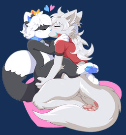 3_toes 4_toes anthro anthro_on_anthro black_body black_fur blush bottomless butt butt_grab clothed clothing collar crown duo eyes_closed feet female fur grey_body grey_fur grey_hair hair hand_on_butt headgear heart_symbol jacket kissing kneeling long_hair love male male/female nude pawpads romantic romantic_couple side_view simple_background tail toes topwear transparent_background white_body white_fur white_hair pata canid canine felid mammal 2018 aliasing alpha_channel digital_media_(artwork) hi_res