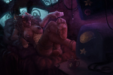 4_toes anthro breasts brown_body brown_fur clothing detailed_background feet female fur grumpy lying nipples on_back panties pasties solo toes underwear raventenebris mammal digital_media_(artwork)