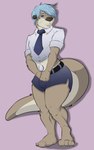 anthro belt black_whiskers blue_bottomwear blue_clothing blue_ear_piercing blue_eyes blue_hair blue_necktie blue_pants bottomwear brown_body brown_fur clothing ear_piercing feet fur gem hair hotpants male necktie no_shoes otter_tail pants pearl_(gem) piercing pink_background shadow shirt shorts simple_background solo topwear whiskers white_clothing white_shirt white_topwear pandottermon cartoon_network steven_universe gem_(species) mammal mustelid otter pearl_(gem_species) colored hi_res