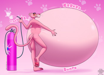 4_toes 5_fingers air_inflation air_tank anthro belly belly_expansion big_belly black_eyebrows claws expansion eyebrows feet fingers floating_eyebrows fur hand_on_belly holding_object hose hose_inflation huge_belly hyper hyper_belly inflation looking_at_viewer male pawpads pink_background pink_body pink_claws pink_eyes pink_fur pink_nose pink_pawpads simple_background solo standing teeth toes whiskers day-tripper-guy pink_panther_(series) pink_panther felid mammal pantherine 2025 hi_res shaded