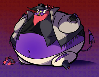 blueberry_inflation chewing inflation male purple_body purple_skin solo foxymoxxie hellaverse helluva_boss striker_(helluva_boss) imp absurd_res hi_res