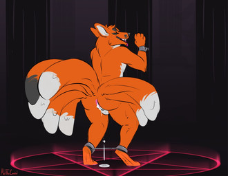anthro anus balls bodily_fluids countershade_balls countershade_genitalia countershade_neck countershade_torso countershading cuff_(restraint) cum cum_on_ground dipstick_tail fur genital_fluids genitals grey_body grey_fur leaking_cum looking_at_viewer looking_back looking_back_at_viewer male male_anthro markings multi_tail nude nude_anthro nude_male occult_symbol open_mouth open_smile orange_body orange_fur pentagram presenting restraints smile solo spreader_bar standing summoning_circle symbol tail tail_markings teeth tongue tongue_out white_body white_fur wrist_cuffs meldritchhorror sunoth canid canine fox mammal 2017