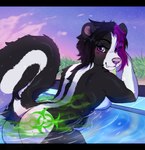 anthro bedroom_eyes biohazard_tattoo breasts butt fart fart_fetish farting_underwater female fluffy fluffy_tail gassy narrowed_eyes nude pool pose purple_eyes raised_tail seducing_viewer seductive sky smelly solo stink_fumes stink_lines tail belsnep mammal mephitid skunk pinup