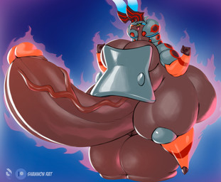 antennae_(anatomy) anthro armor balls big_balls big_breasts big_butt big_penis blue_eyes bottomless breastplate breasts butt clothed clothing erection genitals grey_body gynomorph huge_balls huge_breasts huge_butt huge_hips huge_penis huge_thighs hyper hyper_balls hyper_butt hyper_genitalia hyper_hips hyper_penis hyper_thighs intersex open_mouth penis solo thick_thighs wide_hips yellow_sclera shannonrat nintendo pokemon generation_9_pokemon mega_evolution mega_scolipede pokemon_(species) absurd_res hi_res
