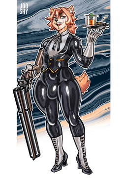 anthro black_clothing black_footwear black_high_heels black_latex blue_eyes boots bulge butler cigar clothed clothed_anthro clothed_male clothing container cup double-barreled_shotgun drinking_glass ear_piercing footwear fur glass glass_container glass_cup gloves gun hair handwear high_heeled_boots high_heels latex latex_clothing latex_dress_suit latex_gloves latex_handwear latex_skinsuit looking_at_viewer male orange_hair piercing ranged_weapon serving_tray shoes shotgun skinsuit solo suit tail tan_body tan_fur tight_clothing trigger_discipline weapon white_clothing white_gloves white_handwear white_latex jooshy leon_alabaster gulonine japanese_marten mammal marten mustelid musteline 2025 hi_res