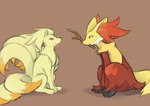 2024 3_toes ambiguous_gender anthro brown_background delphox duo eye_contact feet feral fur generation_1_pokemon generation_6_pokemon hi_res inner_ear_fluff looking_at_another multi_tail multicolored_body multicolored_fur ninetales nintendo object_in_mouth pink_sclera pokemon pokemon_(species) red_body red_eyes red_fur sealer4258 simple_background sitting smile tail toes tuft twig yellow_body yellow_fur