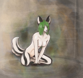 all_fours anthro bedroom_eyes black_body black_fur black_hands breasts claws female fur genitals green_eyes green_hair hair kneeling looking_at_viewer markings narrowed_eyes nipples purple_nose seductive simple_background solo striped_body striped_fur striped_markings striped_tail stripes tail tail_markings vulva white_body white_fur la_cat_meow beetlejuice beel_(differbb) canid canine mammal 2026 digital_drawing_(artwork) digital_media_(artwork) hi_res shaded