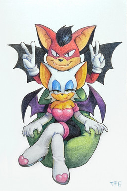 4_fingers 5_fingers anthro bat_wings black_ears black_hair black_wings breasts cleavage clothed clothing double_v_sign duo fangs female fingers gesture gloves hair hand_gesture handwear lips membrane_(anatomy) membranous_wings pink_clothing purple_wings red_body red_ears sitting teeth v_sign white_clothing white_ears white_gloves white_handwear wings totesfleisch8 acclaim aero_the_acro-bat_(series) sega sonic_the_hedgehog_(series) aero_the_acro-bat rouge_the_bat bat mammal crossover hi_res