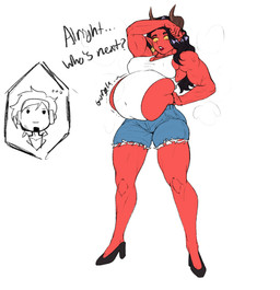 after_vore belly black_hair bottomwear breasts clothing denim denim_bottomwear denim_clothing denim_shorts digestion_implied duo ear_piercing ear_ring fatal_vore female female_pred footwear gurgle_(sound_effect) hair hand_on_hip high_heels horn humanoid_pointy_ears leotard leotard_under_clothing medium_breasts muscular muscular_female muscular_humanoid navel not_furry piercing pointy_ears red_body red_skin ring_piercing rumbling_stomach shoes shorts steam steaming_body text thick_thighs vore white_clothing wiping_sweat yellow_eyes eoh dispatch malevola_gibb demon demon_humanoid horned_humanoid humanoid 2025 digital_drawing_(artwork) digital_media_(artwork) english_text hi_res