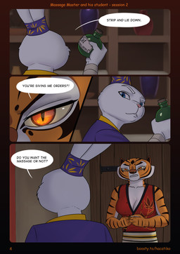 anthro breasts clothed clothing dialogue duo female fingers fur holding_object male male/female orange_body shelf speech_bubble stripes tail text topwear undressing undressing_self hacatiko dreamworks kung_fu_panda master_tigress felid lagomorph leporid mammal pantherine rabbit tiger comic digital_media_(artwork) english_text hi_res