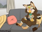 anthro clothing costume furniture inside kigurumi male onesie paws raining sofa solo young young_anthro demilustdragon animal_crossing mythology nintendo nintendo_switch blathers_(animal_crossing) toast_(r3drunner) avian gryphon mythological_avian mythological_creature 4:3 hi_res