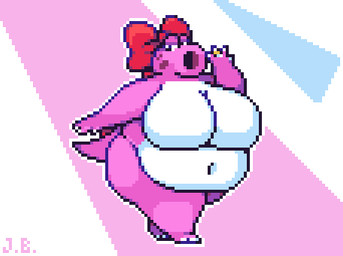 anthro anthrofied back_spikes belly big_belly big_breasts biped breasts claws digit_ring featureless_breasts female finger_ring head_bow huge_breasts jewelry lidded_eyes looking_at_viewer navel nude obese obese_anthro obese_female outline overweight overweight_anthro overweight_female pink_body pose simple_background solo spiked_tail spikes spikes_(anatomy) standing tail three-quarter_view white_body white_outline wide_hips jellybru mario_bros nintendo birdo_(character) birdo scalie 2024 digital_media_(artwork) full-length_portrait low_res pixel_(artwork) portrait signature trans_(lore) trans_woman_(lore)