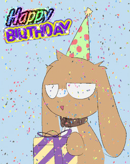 ambiguous_gender anthro birthday blue_background brown_body brown_fur clothing confetti floppy_ears fur gift happy_birthday hat headgear headwear holding_gift holding_object lop_ears multicolored_body multicolored_fur open_mouth open_smile party_hat pattern_clothing pattern_hat pattern_headgear pattern_headwear simple_background smile solo spots spotted_clothing spotted_hat spotted_headgear spotted_headwear two_tone_body two_tone_fur two_tone_hat bravobunny lagomorph leporid mammal rabbit 2021 animated half-length_portrait portrait