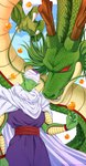 antlers cape claws clothed clothing dragon_ball_(object) duo feral green_body green_scales green_skin headgear headwear horn larger_feral male purple_clothing scales size_difference smaller_humanoid teeth white_cape white_clothing wolfox004 asian_mythology dragon_ball east_asian_mythology mythology piccolo shenron alien alien_humanoid dragon eastern_dragon humanoid mythological_creature mythological_scalie namekian scalie hi_res