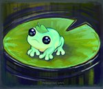 ambiguous_gender big_eyes black_eyes feet feral floating green_body green_skin leaf leaf_on_head lily_pad membrane_(anatomy) object_on_head outside plant solo toes water waterscape webbed_feet tinypaint amphibian frog 2022 signature