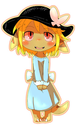 anthro black_clothing black_hat black_headwear blonde_hair blush clothed clothing dress female hair hat headgear headwear open_mouth red_eyes simple_background smile solo stripes doneru unknown_species 2015 hi_res