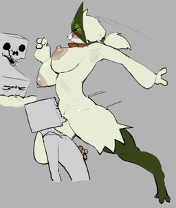 anthro anthro_focus big_breasts blush breasts cunnilingus duo female female_anthro female_focus fur genitals green_body green_fur grey_background licking licking_lips male male/female nipples oral sex simple_background tongue tongue_out vaginal vulva skeleton265 nintendo pokemon generation_9_pokemon humanoid meowscarada pokemon_(species) hi_res