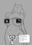 anthro breasts electronics female flower fur paws plant smile television text white_body white_fur veck undertale undertale_(series) flowey_the_flower toriel boss_monster_(undertale) bovid caprine elemental_creature flora_fauna mammal 2015 digital_media_(artwork) english_text hi_res line_art monochrome