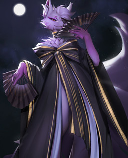 5_fingers anthro backlighting black_clothing black_dress black_sclera cheek_tuft chest_tuft clothed clothing dress facial_tuft female fingers fur glistening glistening_eyes gradient_fur hair light light_body light_fur looking_at_viewer looking_down looking_down_at_viewer low-angle_view moon mouth_closed orange_eyes purple_body purple_fur purple_hair short_hair simple_background solo standing star tuft unsigned yellow_eyes shermugi sitara_(brainlessfox) canid canine fox mammal 2021 hi_res lighting portrait three-quarter_portrait