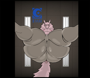 anthro big_butt bottomwear breasts butt clothing exposed_breasts facesitting facesitting_pov female first_person_view fuzzy half-closed_eyes k'enna looking_at_viewer low-angle_view narrowed_eyes office pants pink_body sitting sitting_on_another solo teratophilia thick_thighs worm's-eye_view plubo_the_monstersmith absurd_res hi_res watermark