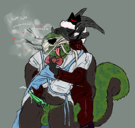 ambiguous_gender anthro antlers apron balls bandage black_body black_fur bodily_fluids bottomwear bow_tie breath brown_body brown_fur clothing cum duo eyes_closed fur genital_fluids genitals green_body green_fur green_penis handjob heart_symbol horn jacket leather leather_bottomwear leather_clothing leather_jacket leather_pants leather_topwear male pants penile penis reach_around sex shirt smile steamy_breath tongue tongue_out topwear white_body white_fur white_wool wool_(fur) welcometaco cult_of_the_lamb massive_monster_(studio) lamb_(cult_of_the_lamb) leshy_(cult_of_the_lamb) red_crown_(cult_of_the_lamb) bagworm bovid caprine domestic_sheep jacob_sheep mammal sheep