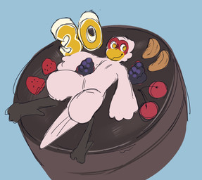 anthro beak birthday_cake blackberry_(fruit) blue_background cake cherry dessert digitigrade feathered_wings feathers featureless_crotch food fruit looking_at_viewer lying male micro nude on_back on_cake orange_slice plant raspberry simple_background smile smiling_at_viewer solo white_body white_feathers wings yellow_beak martindosent martin_(martindosent) accipitriform avian bird secretary_bird 2025 clip_studio_paint_(artwork) colored_sketch digital_drawing_(artwork) digital_media_(artwork) sketch